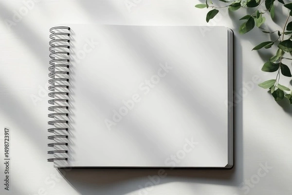 Fototapeta Blank spiral-bound notebook lying open on a white surface with natural light and green leafy plant casting soft shadows