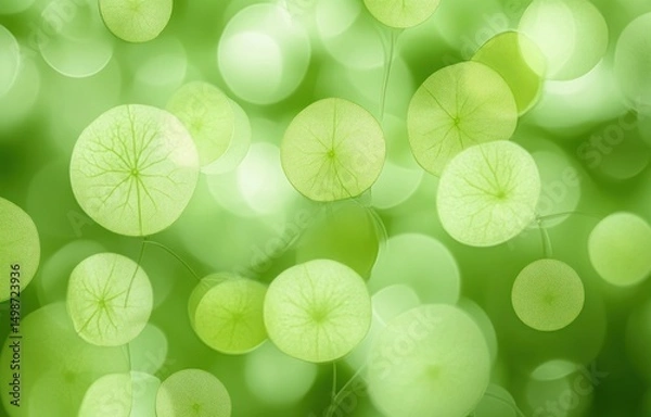 Fototapeta Close-up view of multiple translucent green circular leaves with visible veins against a soft green blurred background
