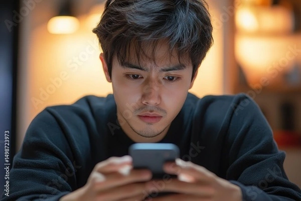 Fototapeta young man with focused expression looking intently at smartphone in dimly lit room with warm background lights
