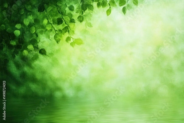 Fototapeta Close-up of green leaves hanging over smooth reflective water with bright light and soft green background creating peaceful nature scene