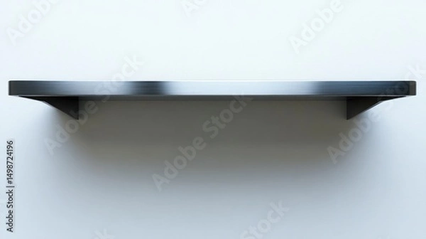 Fototapeta Minimalist empty metal wall shelf with brushed texture mounted on white wall casting soft shadow