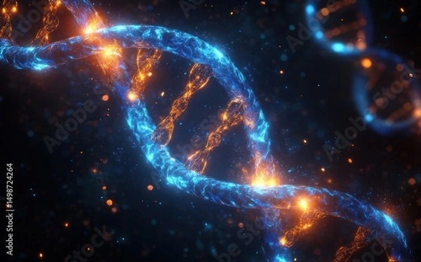 Fototapeta Close-up digital illustration of glowing blue and orange DNA double helix strands floating in a dark, blurry background conveying a sense of advanced science and complexity