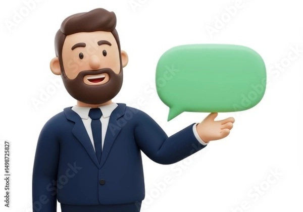 Fototapeta 3D Illustration of 3d cartoon of a businessman in a suit holding a green speech bubble for communication isolated on white background