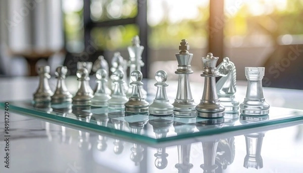Obraz Modern chess set featuring transparent and metallic pieces on elegant marbl