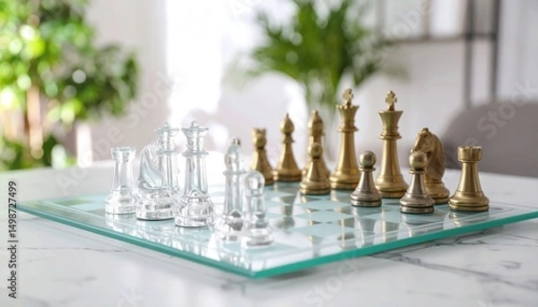 Obraz Minimalist chessboard with sleek glass and metal pieces on a marble surface
