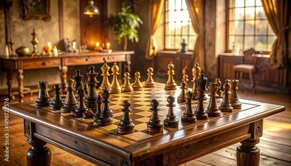 Obraz Vintage chess game illustration set in the 19th century with warm realistic tones