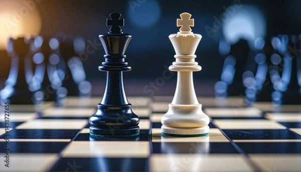Obraz Intimate chess duel captured in macro with selective focus and strong lighting