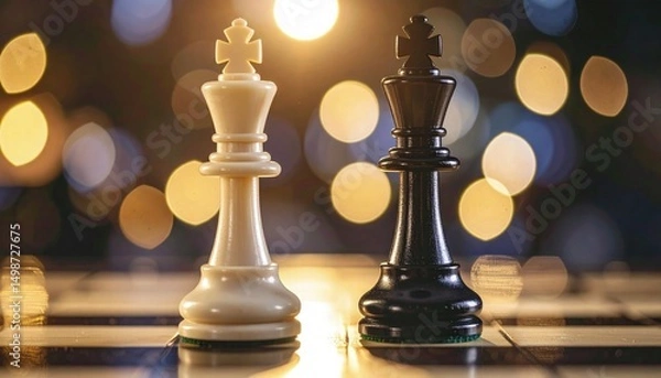 Obraz Macro close-up of black king and white queen chess pieces in intense standoff