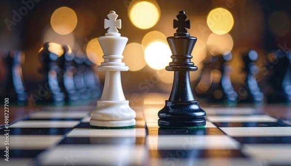 Obraz Black king and white queen face off in moody close-up with soft blur and light contrast