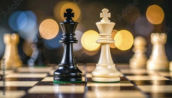 Obraz Dramatic focus on opposing chess royals with shallow depth and cinematic lighting