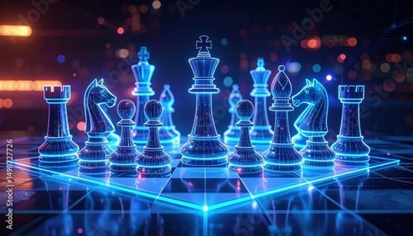 Obraz Neon holographic chess pieces on a virtual board in a high-tech sci-fi setting
