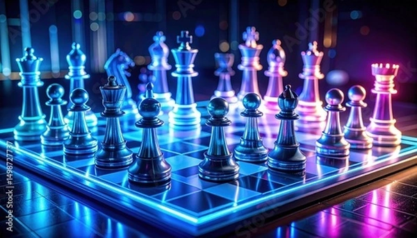 Obraz Digital chess game with futuristic design and glowing elements in a dark cyber world
