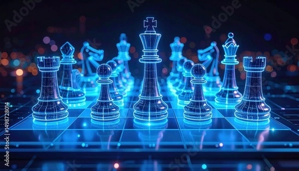 Obraz Futuristic holographic chess set glowing with neon lights on a digital game board