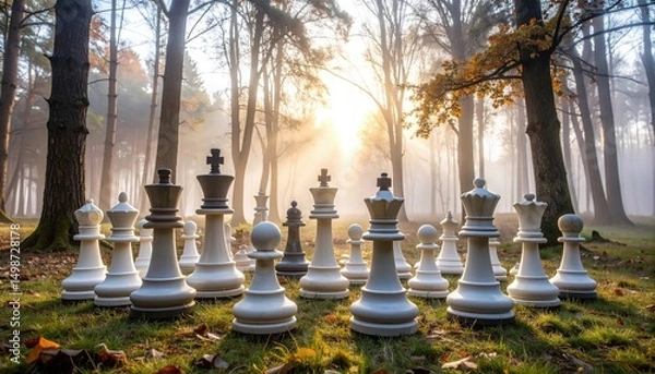 Obraz Oversized chess set placed in a misty woodland with ethereal light and fantasy tone