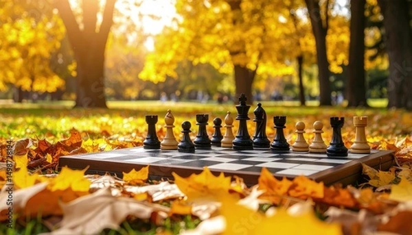 Obraz Autumn scene with chessboard on the ground, fallen foliage and gentle lighting