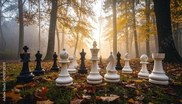 Obraz Dreamlike forest scene featuring large chess pieces and soft glowing fog