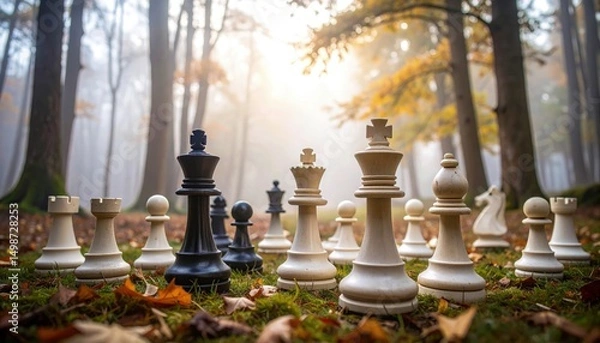 Obraz Giant chess pieces in a fog-covered forest with surreal and dreamy ambiance