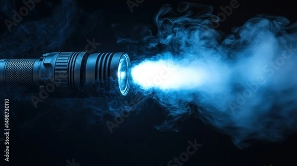 Fototapeta Dark scene, flashlight beam, blue smoke