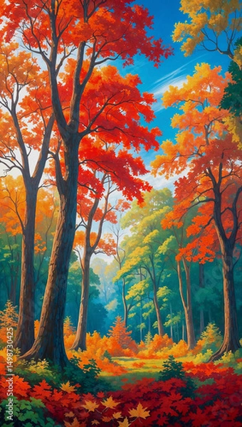 Fototapeta A serene and vibrant view of a densely packed forest of deciduous trees during fall, with an emphasis on the warm, rich colors of red, orange, yellow and green.... AI generated illustration.