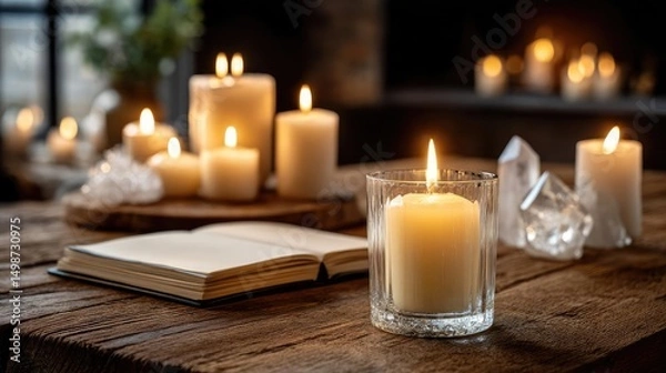 Obraz Law of attraction with goal and visualization for success concept. A serene setting with lit candles, a book, and natural ambiance.