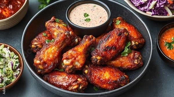 Fototapeta Plate of crispy glazed chicken wings with creamy dipping sauce garnished with fresh herbs surrounded by bowls of coleslaw and additional sauces