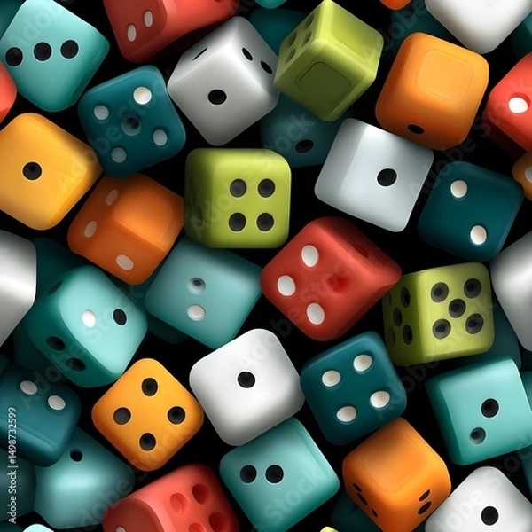 Obraz Colorful assortment of dice scattered on a black background