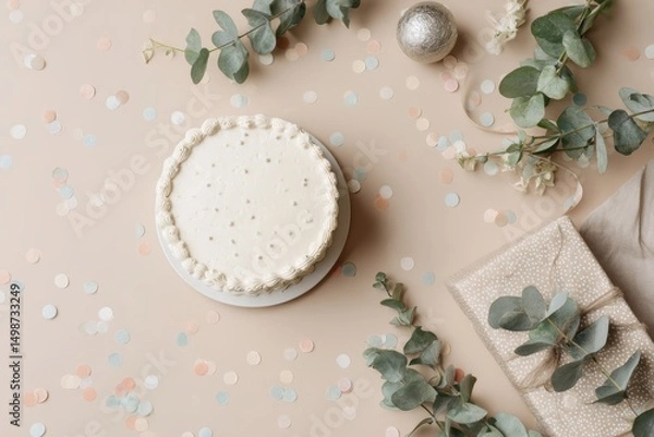 Obraz Minimal Birthday Flat Lay with White Cake, Eucalyptus and Neutral Decor