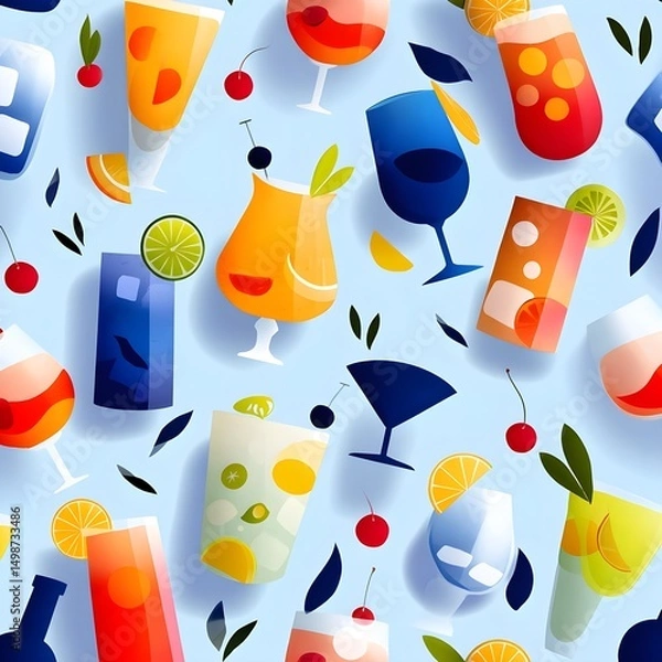 Fototapeta Colorful cocktail pattern with various drinks and garnishes