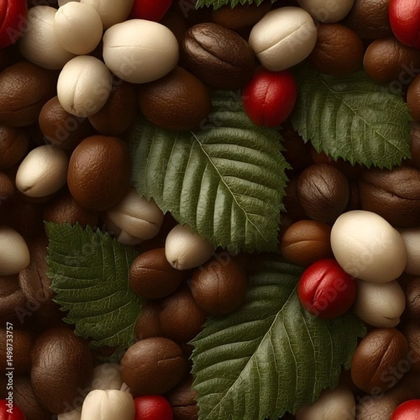 Obraz Coffee beans and leaves arranged in a textured pattern