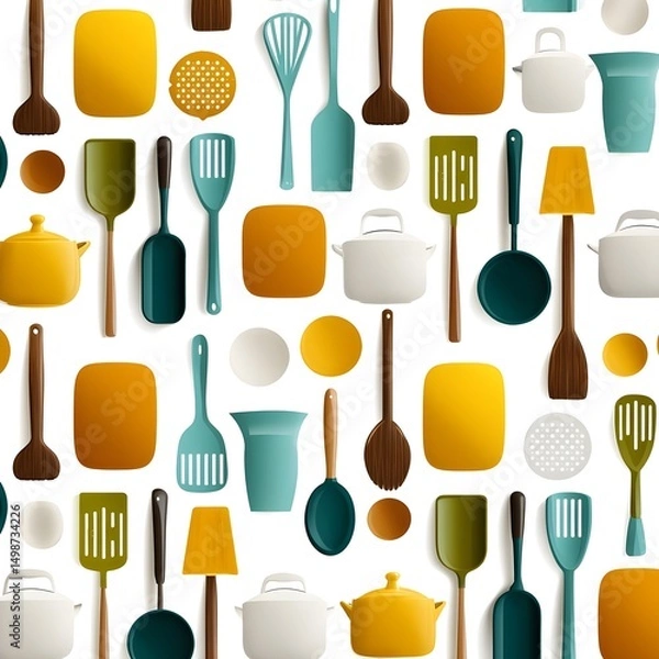 Obraz Colorful kitchen utensils and dishes pattern design