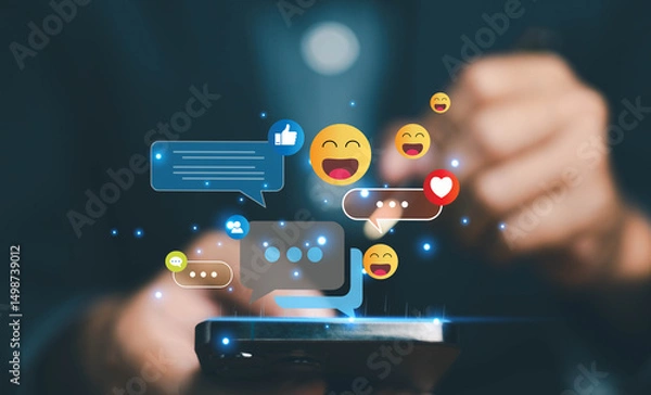 Fototapeta In this digital age, people use smartphones, laptops, and apps to access social media platforms that provide engaging content, creative posts, and strategic communications that drive marketing	
