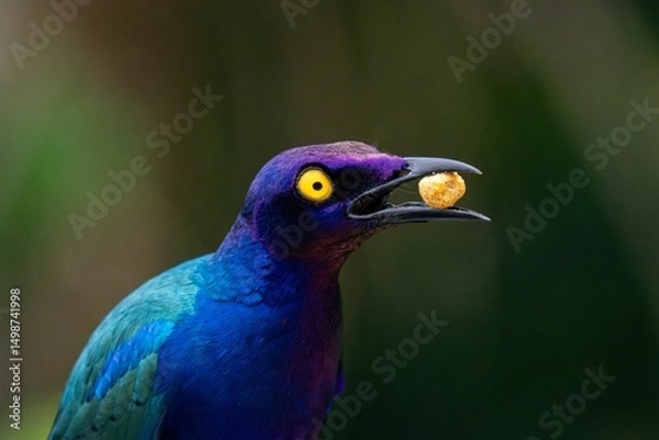 Obraz Vibrant close-up of a Purple starling with a striking yellow eye holding a small snack in its beak
