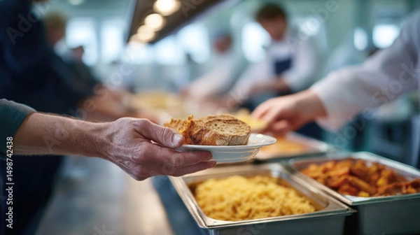 Obraz Person holding plate with bread and food in cafeteria line, with other people serving themselves in background, creating busy and communal dining atmosphere