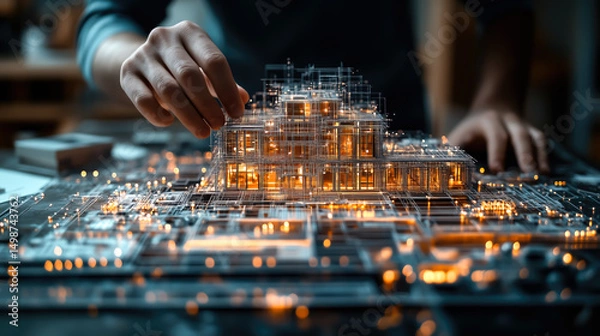 Fototapeta An architect studies a blueprint while planning a building with VR glasses. The concept emphasizes the importance of careful design and precision in architecture. Generative AI.