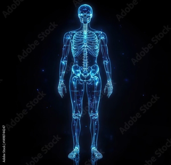 Fototapeta Glowing futuristic digital human skeleton rendered in blue light on a dark background, showing detailed bones and joints in a standing position