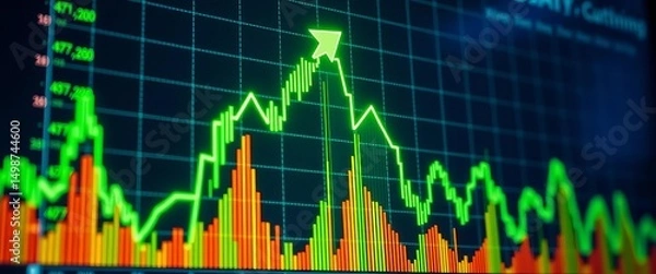 Obraz Glowing green upward trending stock market chart on a digital screen, digital, growth
