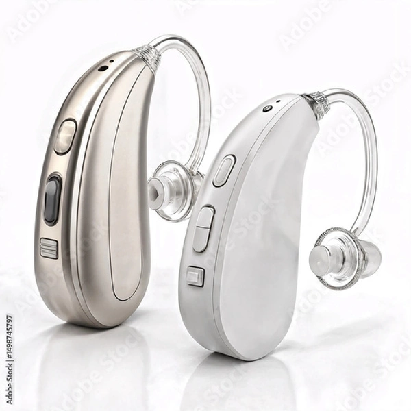 Fototapeta Two hearing aids isolated on white background, one silver and one white