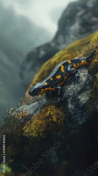 Fototapeta Black and orange salamander on rocky terrain in mist