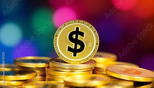 Fototapeta Stack of dollar coins with a dollar sign icon on top, cash, treasure