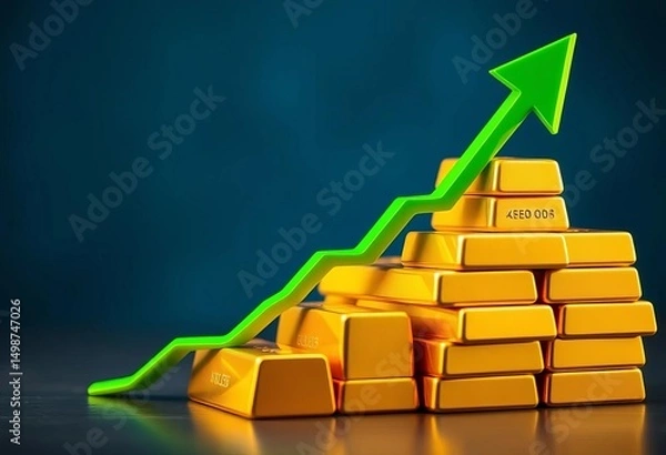 Fototapeta Stack of gold bars with upward green arrow, symbolizing financial success and investment growth, accumulation, stack