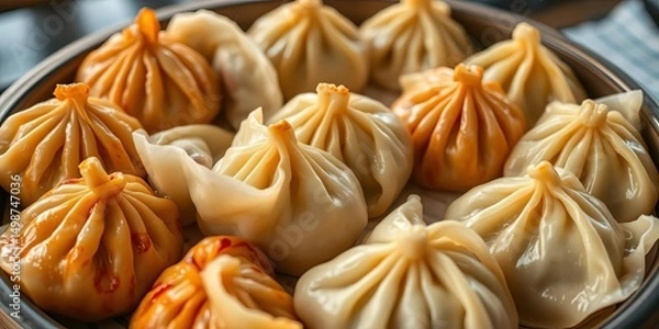 Fototapeta Steaming plate of assorted Chinese dumplings, close-up, ginger, chinese food