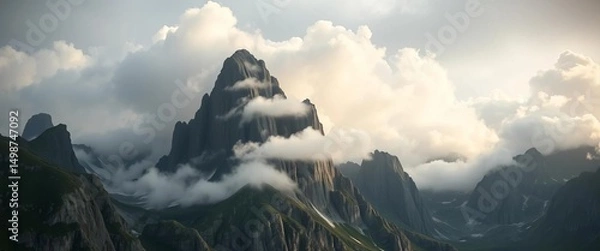Fototapeta Steel giants pierce a grey sky, clouds hugging their peaks, modern architecture, downtown