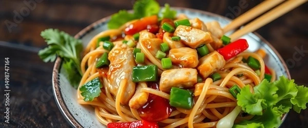 Fototapeta Stir-fried udon noodles with chicken, assorted vegetables, and glossy teriyaki sauce, served on a dark wood surface, udon, wood
