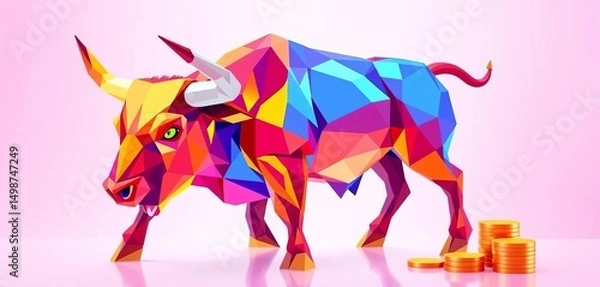 Fototapeta Stylized polygonal bull, vibrant colors, sharp lines, financial theme, face, success