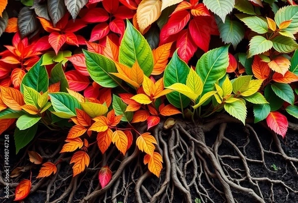 Fototapeta Stylized stock chart overlaid with vibrant leaves and intertwining roots, bar graph, green