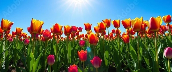 Fototapeta Sun-drenched field of vibrant tulips under a clear blue spring sky, bloom, vibrant colors