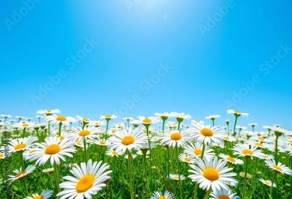 Fototapeta Sun-drenched field of vibrant white daisies under a clear blue spring sky, day, idyllic