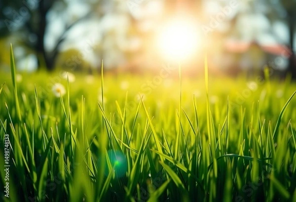 Fototapeta Sun-drenched vibrant green grass meadow, soft bokeh, idyllic spring/summer landscape,  environment, juicy