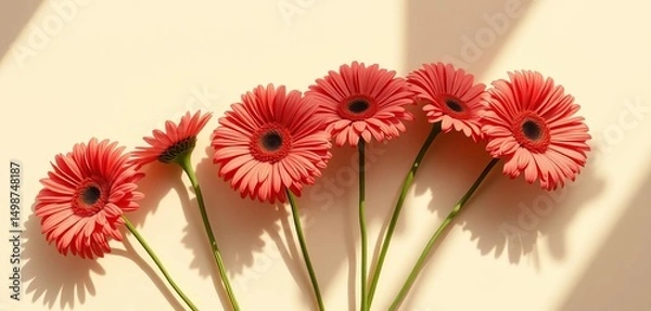Fototapeta Elegant coral gerbera daisies cast delicate shadows on a beige backdrop, bathed in soft sunlight, shadow, simple