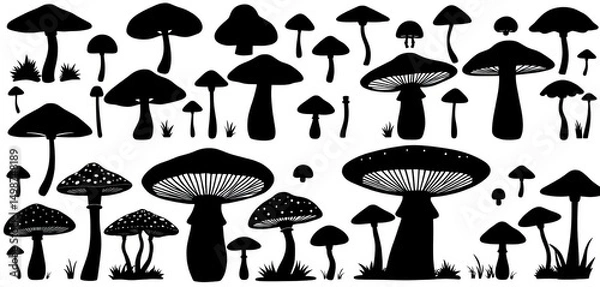 Fototapeta Elegant collection of minimalist black mushroom silhouettes and icons on white background, forest, simple